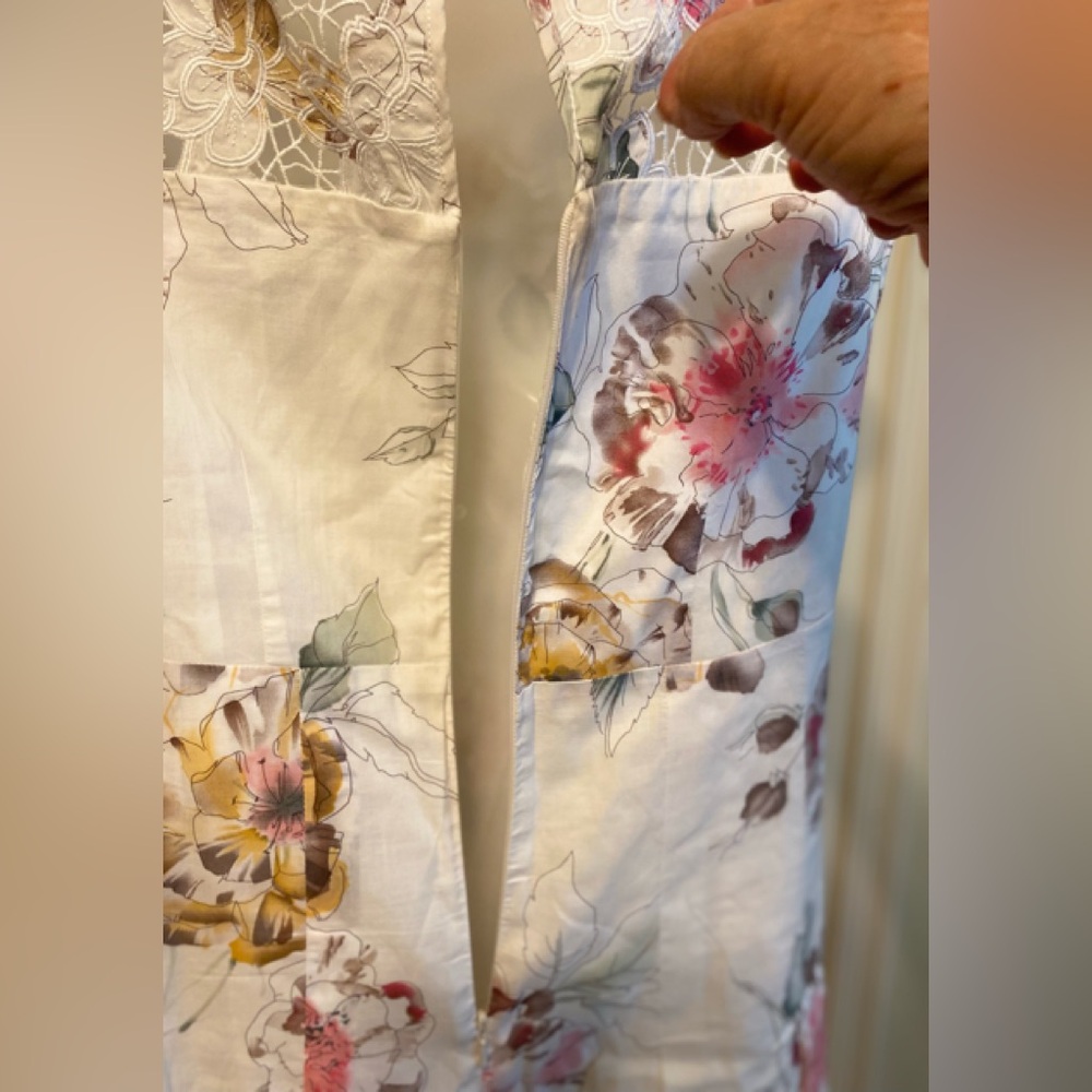 TSD Two Star Dog - Cream color floral pattern midi dress & embroidery decor, S - Picture 6 of 9